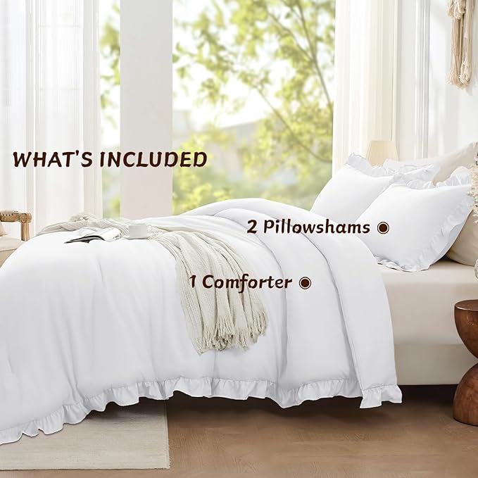 FUANNA King Size Comforter Set White, 3 Pieces Ruffle King Bedding Set - Image 7