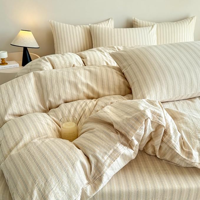 PinkMemory Beige Striped Duvet Cover Set King 100% Washed Cotton Beige Striped - Image 4
