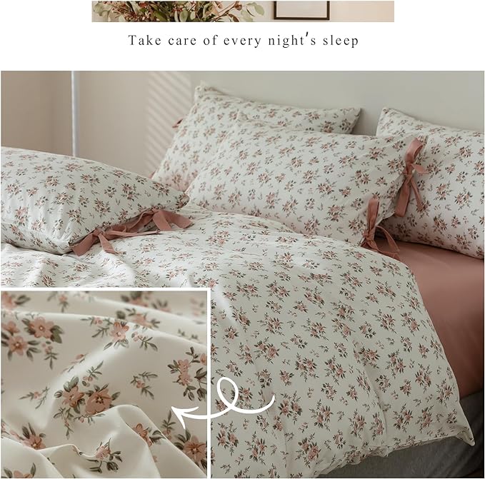 mixinni Vintage Style Girls Pale Pink Flower Pattern Duvet Cover Full Soft - Image 6