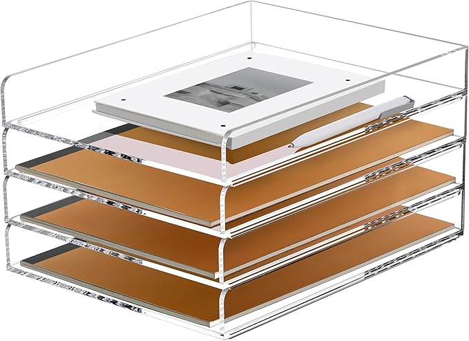 SANRUI 4 Tier Stackable Paper Letter Tray, Acrylic Vertical File Tray A4 Desk Organizer and Accessories Sorter Trays, Clear Workspace Office Supplies Organizers,12inx9.25inx6.6in-DeskoryOffice