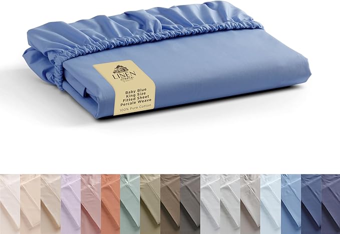 Linen Home 100% Cotton Percale Weave King Fitted Sheet Only, Baby Blue by LINENHOME