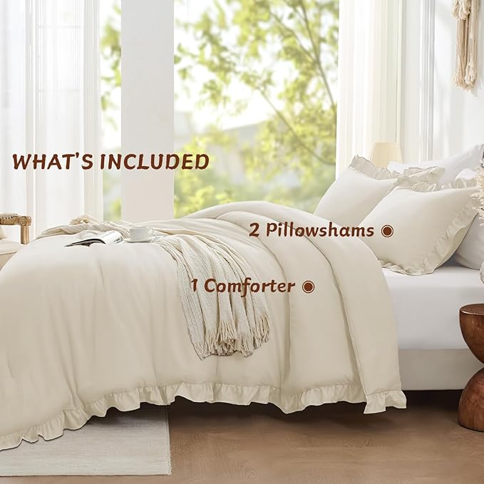 FUANNA King Size Comforter Set Cream White, 3 Pieces Ruffle King Bedding Set - Image 5