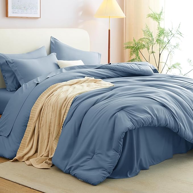 CozyLux Queen Comforter Set Grayish Blue, 7 Pieces Bed in a Bag Queen Comforter - Image 9