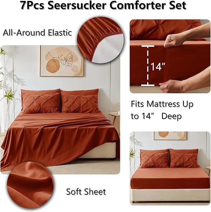 CozyLux Queen Comforter Set Burnt Orange, 7 Pieces Pintuck Bed in A Bag Premium - Image 6