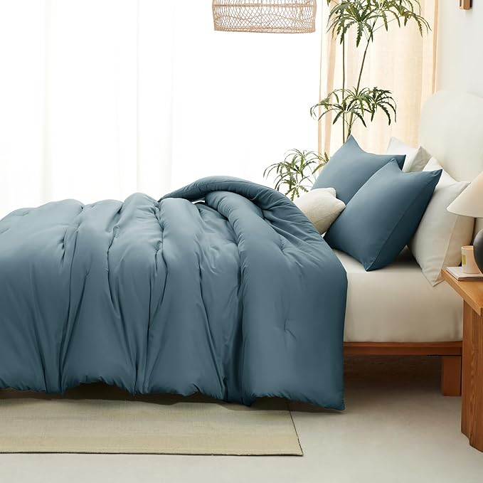 CozyLux King Size Comforter Set Mineral Blue, 3 Pieces Solid Comforters King - Image 7