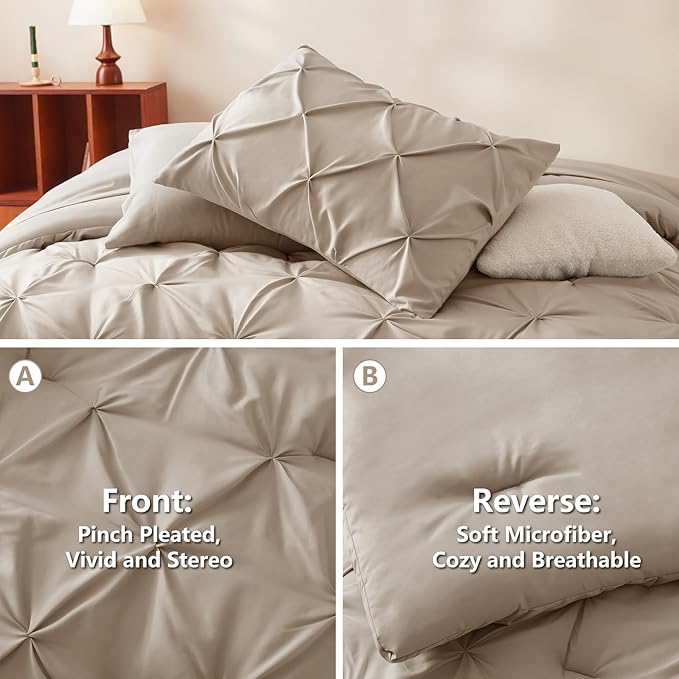 CozyLux Queen Comforter Set Wheat, 7 Pieces Pintuck Bed in A Bag, Premium Wheat - Image 3