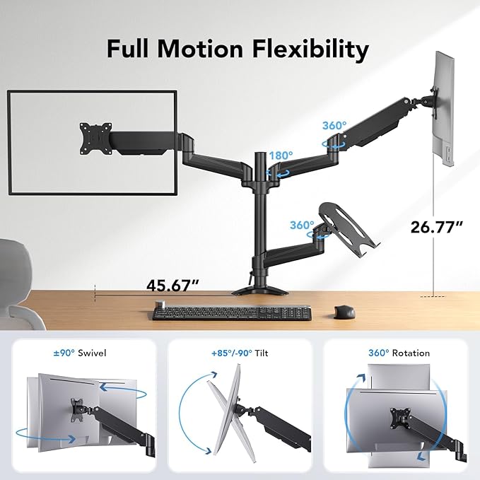 HUANUO Dual Monitor and Laptop Mount for Max 32” Monitor and 17” Laptop, Adjustable Spring Arm with Tilt, Swivel and Rotation, Dual Monitor and Notebook Stand with VESA Bracket 75/100 mm-DeskoryOffice