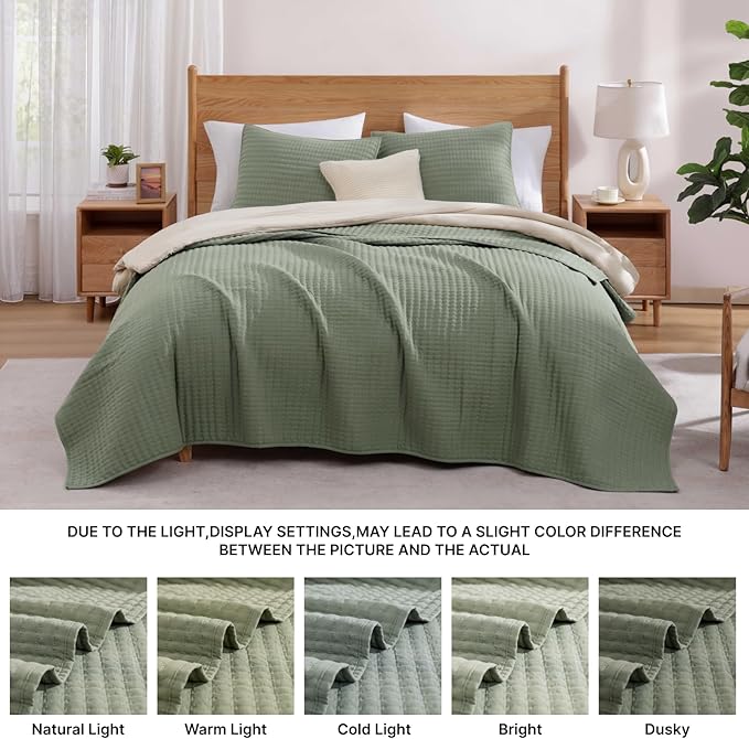 WRENSONGE King Size Quilt-3 Pieces Lightweight Bedspreads Sage Green King Quilt - Image 8