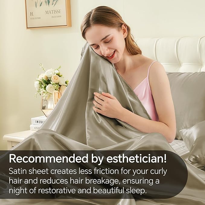 BEDELITE Satin Sheets Full Size Bed Set, Luxury Soft Taupe Silky Sheets - Image 4