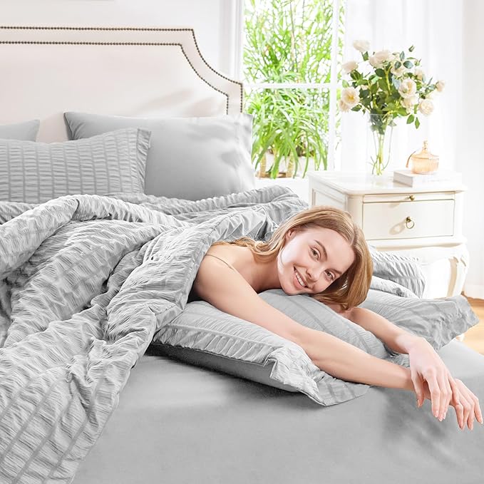 CozyLux King Size Comforter Set Light Grey Seersucker 7 Pieces Bed in a Bag - Image 7