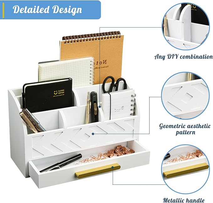 Wooden Desk Organizer Mail Organizer Countertop, Desktop Organizer Mail Sorter Mail Holder Bill Organizer for Desk, Desk Organizers and Accessories for Women (White)-DeskoryOffice