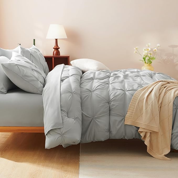 CozyLux King Size Comforter Set Light Grey, 7 Pieces Pintuck Bed in A Bag Gray - Image 9