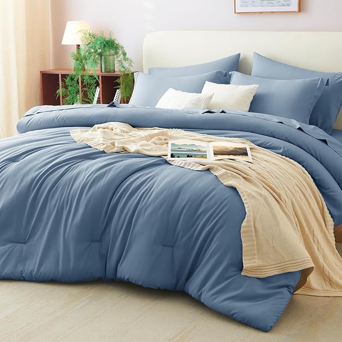 CozyLux King Size Comforter Set Grayish Blue, 7 Pieces Bed in a Bag King by CozyLux