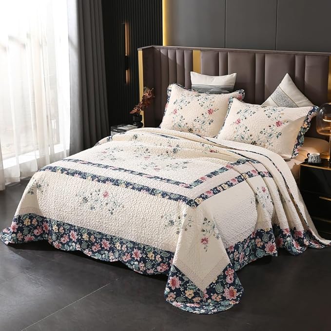 Quilt Set Floral Leaves 3D Embroidery Pattern 3 PCS Cotton Reversible Quilted - Image 2