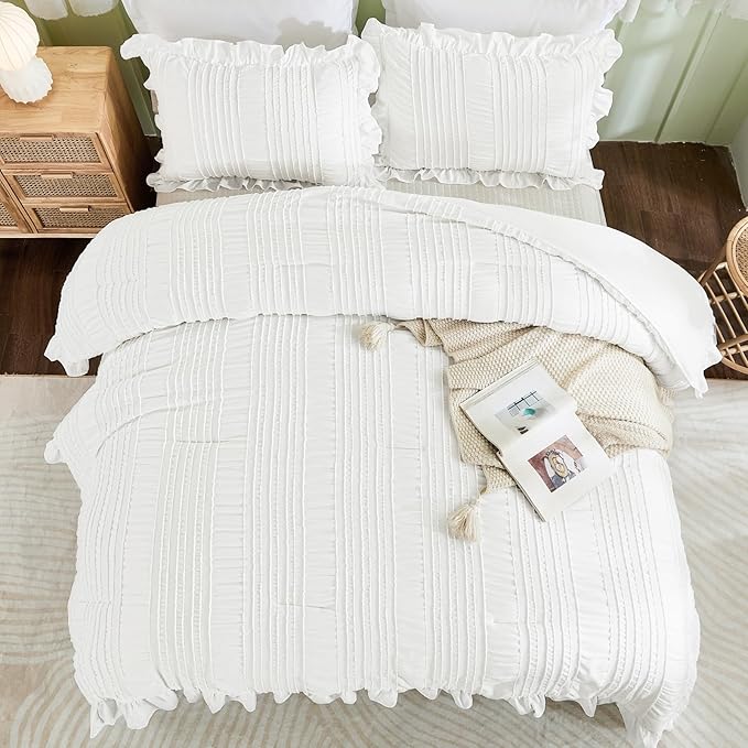 WONGS BEDDING White Comforter Set King, 3 Pieces Ruffle Farmhouse Shabby Chic - Image 4