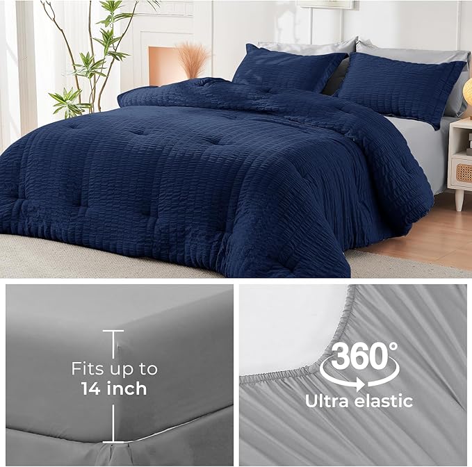 HYMOKEGE Navy Blue/Light Grey Queen Comforter Set Seersucker 7 Pieces, All - Image 6