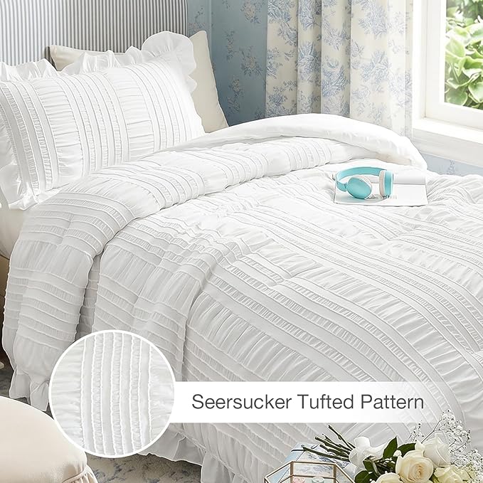 WONGS BEDDING White Comforter Set Twin, 3 Pieces Ruffle Shabby Chic Comforter - Image 4