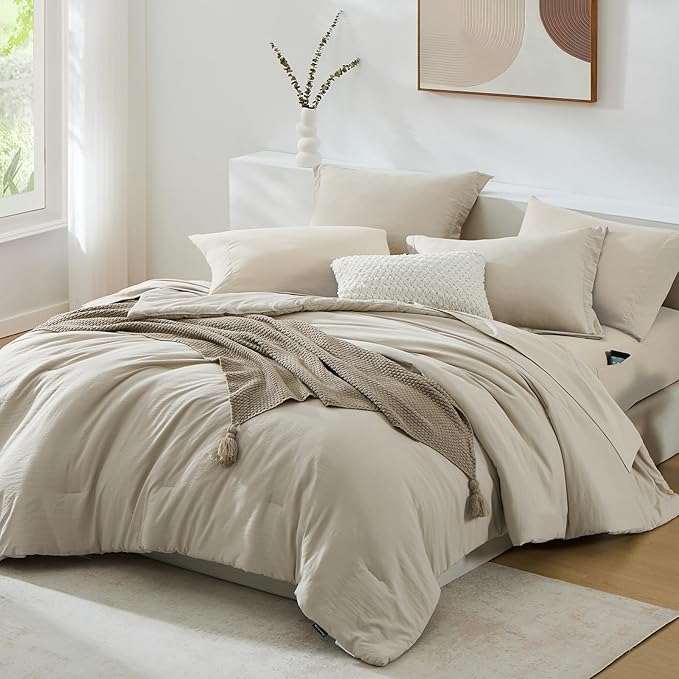 WRENSONGE Twin Comforter Set- 5 Pieces Light Oatmeal Twin Bed in a Bag - Image 2