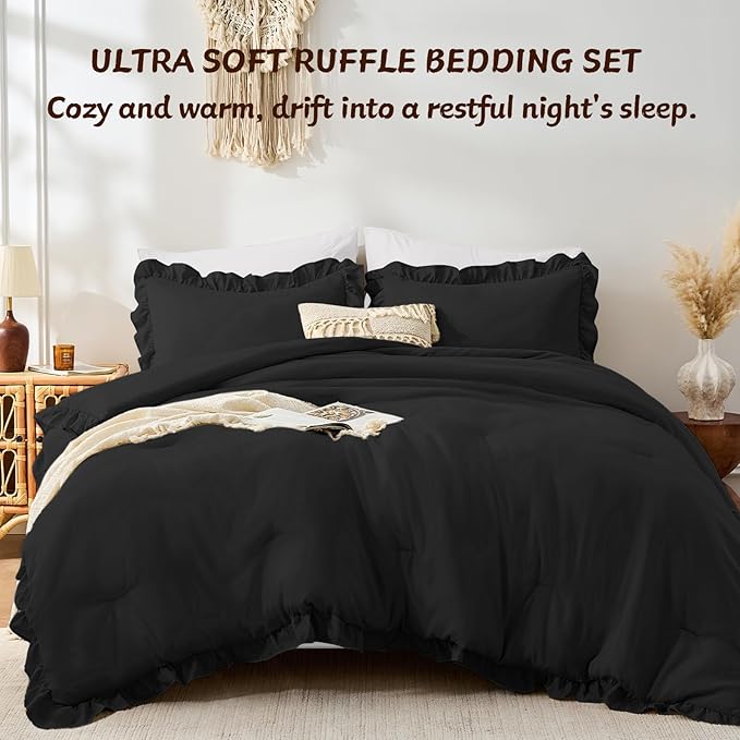 FUANNA Queen Comforter Set Black, 3 Pieces Ruffle Queen Bed Set, Fluffy Bed in - Image 4