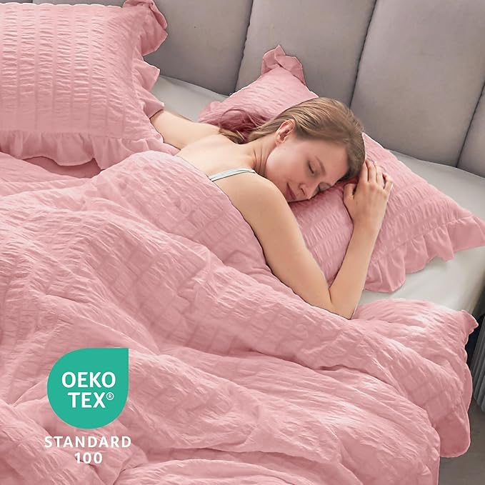 JOLLYVOGUE Pink Seersucker Queen Comforter Set, 3 Pieces Bed in a Bag Comforter - Image 6