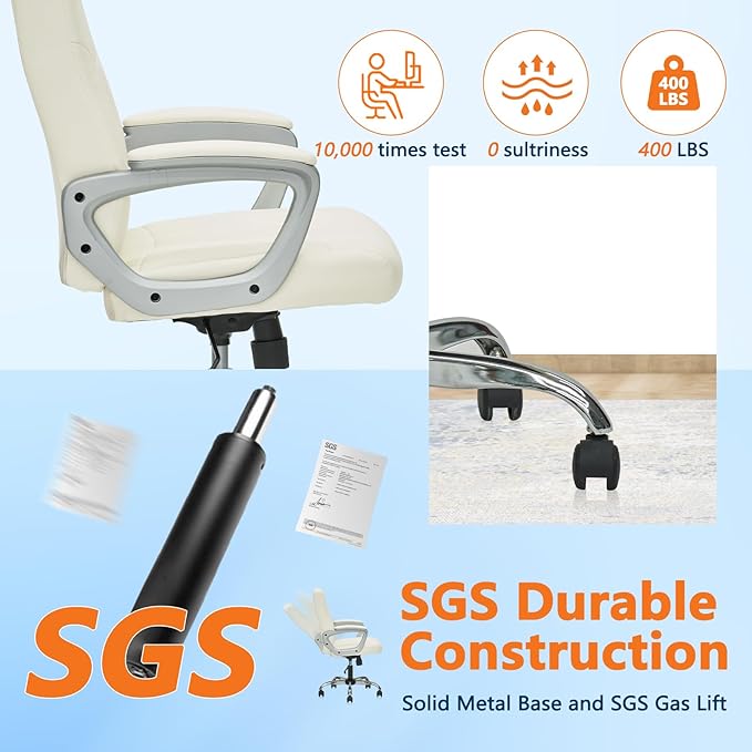 CLATINA Office Computer Desk Chair Executive Mid Back Chair Comfortable Ergonomic Managerial Chair Adjustable PU Leather Home Office Desk Chair Swivel, White 2PK-DeskoryOffice