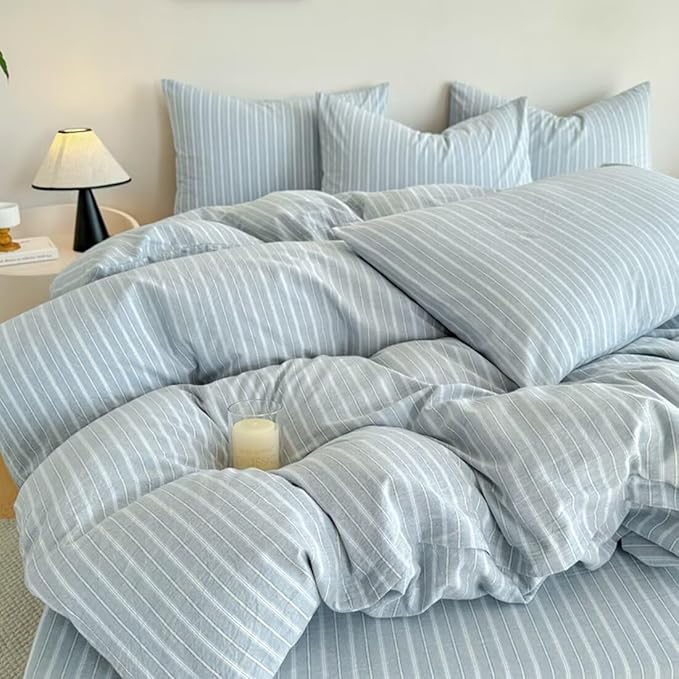 PinkMemory Blue Striped Duvet Cover Set King 100% Washed Cotton Blue Stripes - Image 4