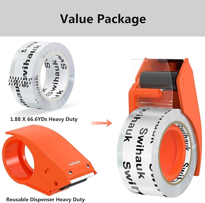 1.88 in x 66.6 YDs Clear Heavy Duty Packing Tape with Dispenser, Strong & Durable Shipping Tape, Packaging Tape, Packing Tape Dispenser for Packing Boxes, Moving Supplies, Shipping and Mailing-DeskoryOffice