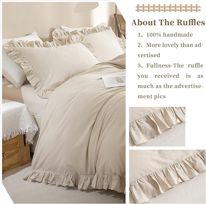 QSH Washed Cotton Queen Duvet Cover Set Ruffle Duvet Cover Linen Textured - Image 5