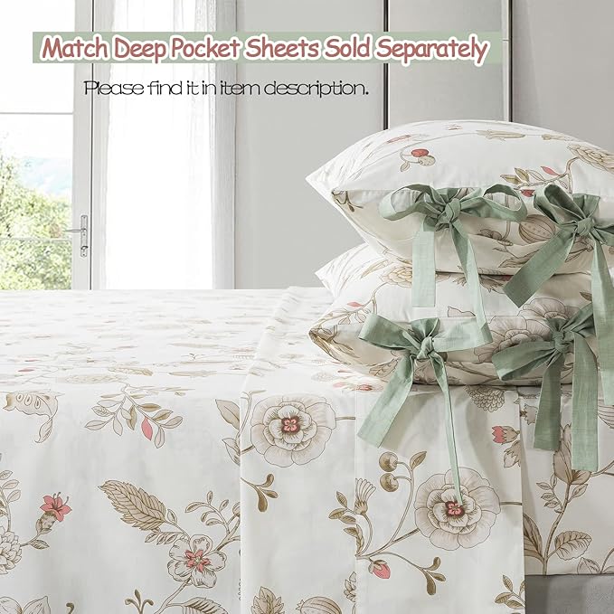 FADFAY Floral Bedding Set Queen 100% Cotton Shabby and Chic Beige Green - Image 6