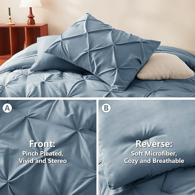 CozyLux Full Size Comforter Sets Mineral Blue, 7 Pieces Pintuck Bed in A Bag - Image 3