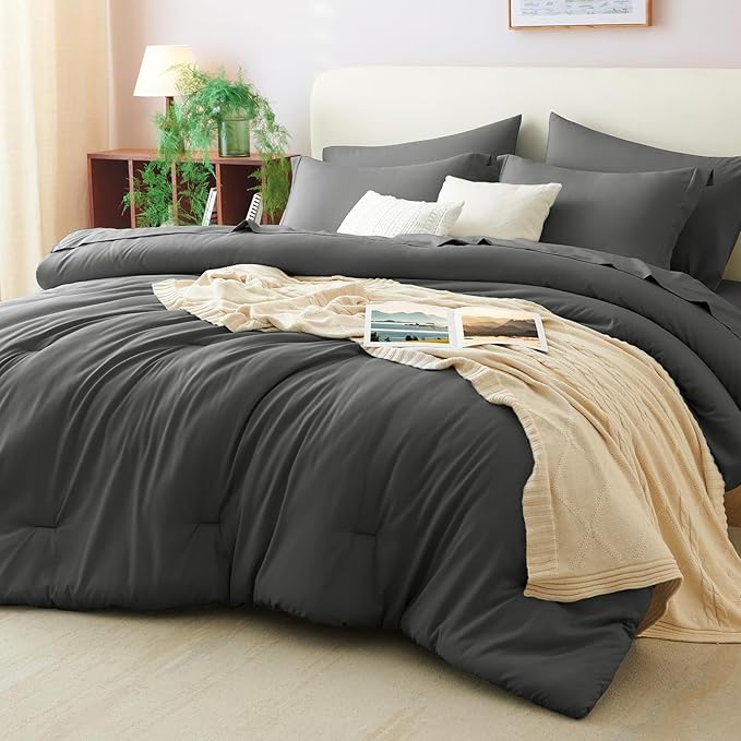 CozyLux Oversized Queen Comforter Set Dark Grey, 7 Pieces Bed in a Bag by CozyLux