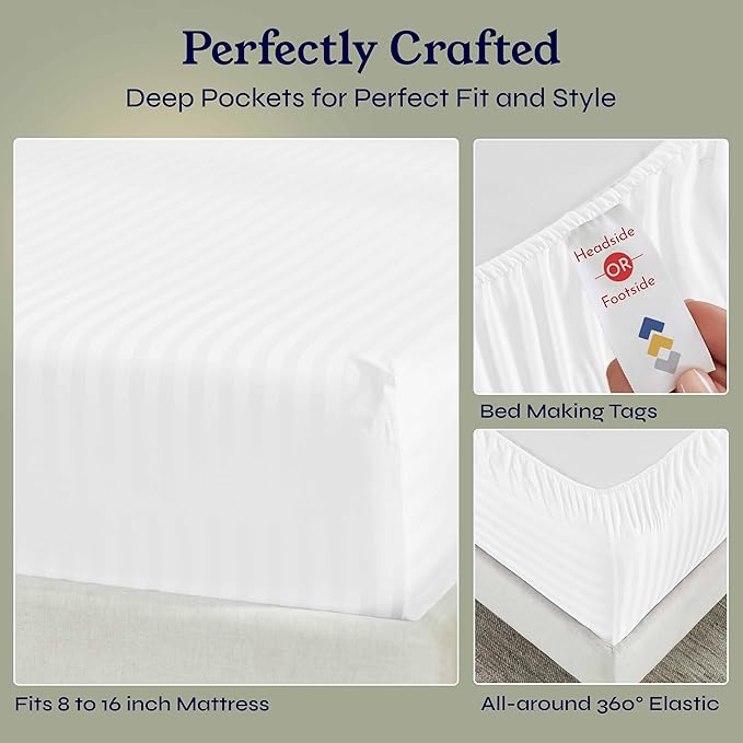 California Design Den Cotton Sateen Damask Stripe King Fitted Sheet Only - Image 6
