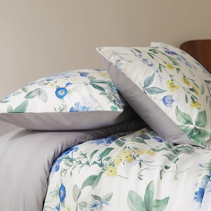 mixinni Reversible Floral Duvet Cover Set Queen Size, 3 Piece Blue Green - Image 5