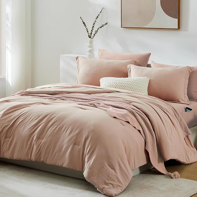 WRENSONGE King Comforter Set, 7 Pieces Clay Pink Soft Bed in a Bag King - Image 2