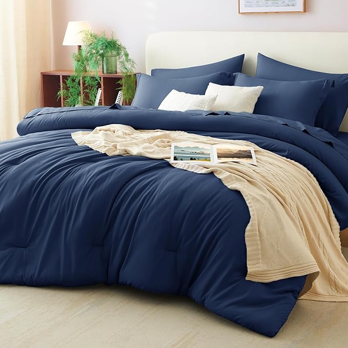 CozyLux Oversized Queen Comforter Set Navy Blue, 7 Pieces Bed in a Bag by CozyLux