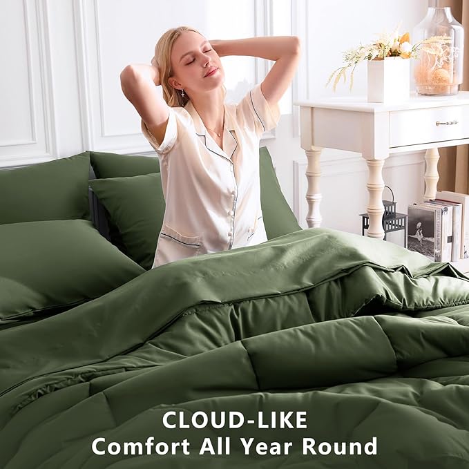 CozyLux Queen Comforter Set Olive Green, 7 Pieces Bed in a Bag, All Season - Image 4