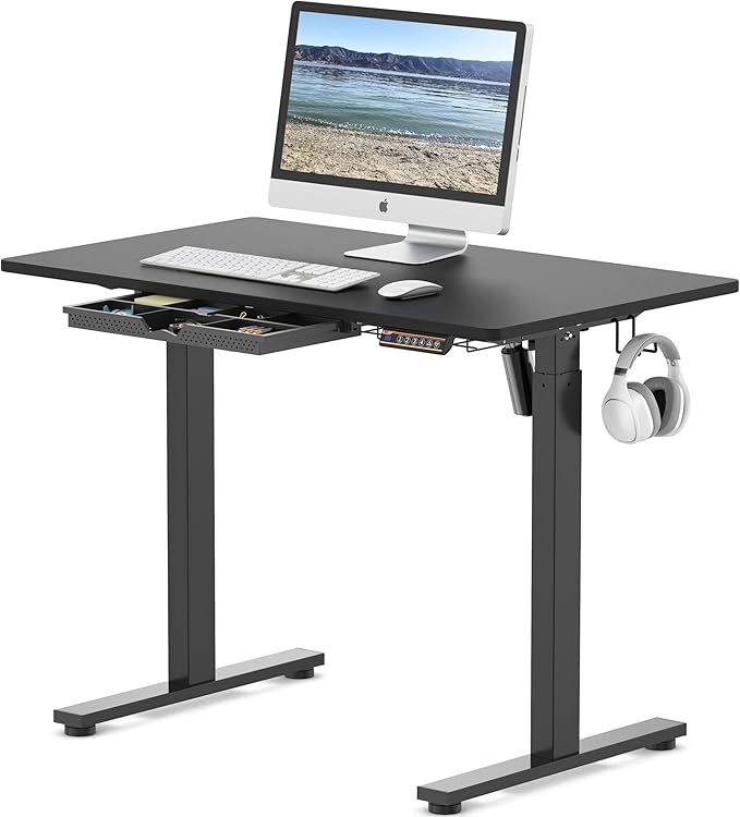 SHW 40-Inch Electric Height Adjustable Standing Desk with Drawer, Memory Preset and Cable Management Tray, Black-DeskoryOffice