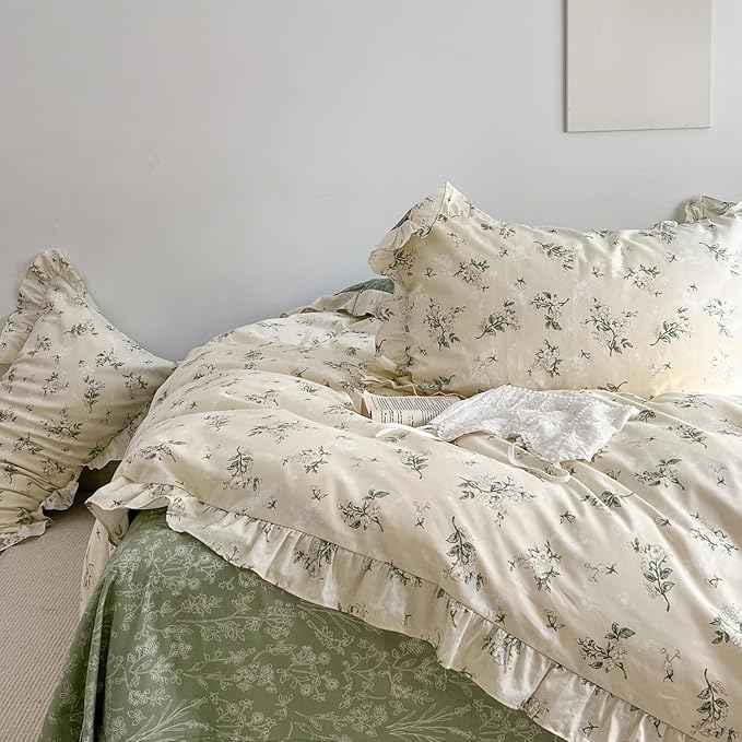 MKXI Botanical Floral Duvet Cover Full Beige Girls Floral Ruffled Bedding Set - Image 8