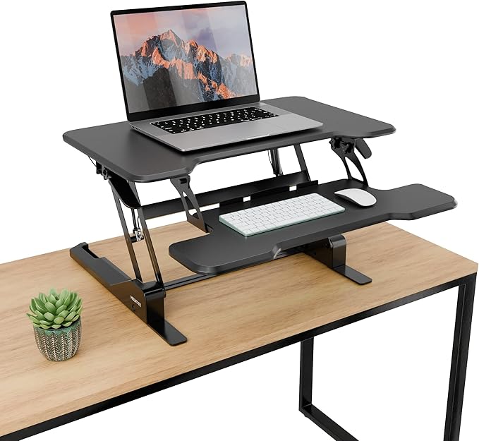 Mount-It! Height Adjustable Standing Desk Converter, Compact 30” Wide Tabletop Standing Desk Riser with Gas Spring, Desktop Stand Up Workstation with Keyboard Tray Fits Monitor or Laptop, Black-DeskoryOffice