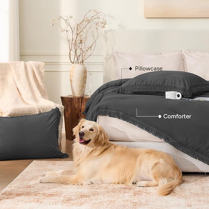 Andency Comforter Set Oversized King Dark Grey 120x120, 3 Pieces Boho Fall - Image 5