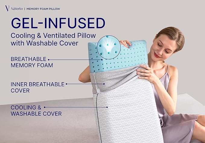 Vaverto Queen Memory Foam Pillow – Cooling Gel-Infused Firm Support - Image 2
