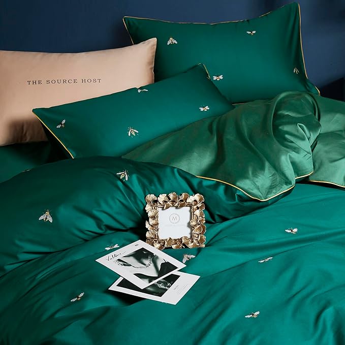 mixinni Dark Green Duvet Cover King Size, 100% Long Staple Cotton Honeybee - Image 3