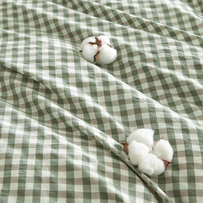 Nayoroom Gingham Duvet Cover Queen Size 100% Washed Cotton Green Plaid - Image 6
