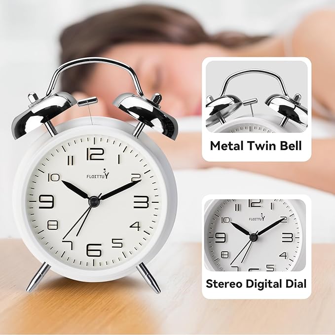 (Loud Alarm for Deep Sleepers 4'' Twin Bell Alarm Clock, Stereo Digital Dial Alarm Clock with Backlight for Bedroom and Home Decoration(Aurora White)