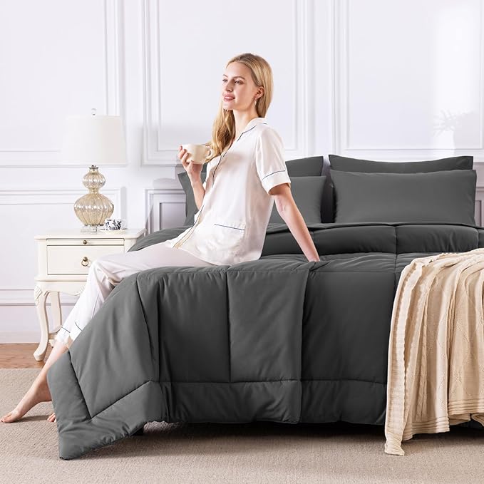 CozyLux King Size Comforter Set Dark Grey, 7 Pieces Bed in a Bag, Dark Grey - Image 7