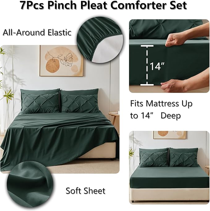 CozyLux King Size Comforter Set Forest Green, 7 Pieces Pintuck Bed in A Bag - Image 5