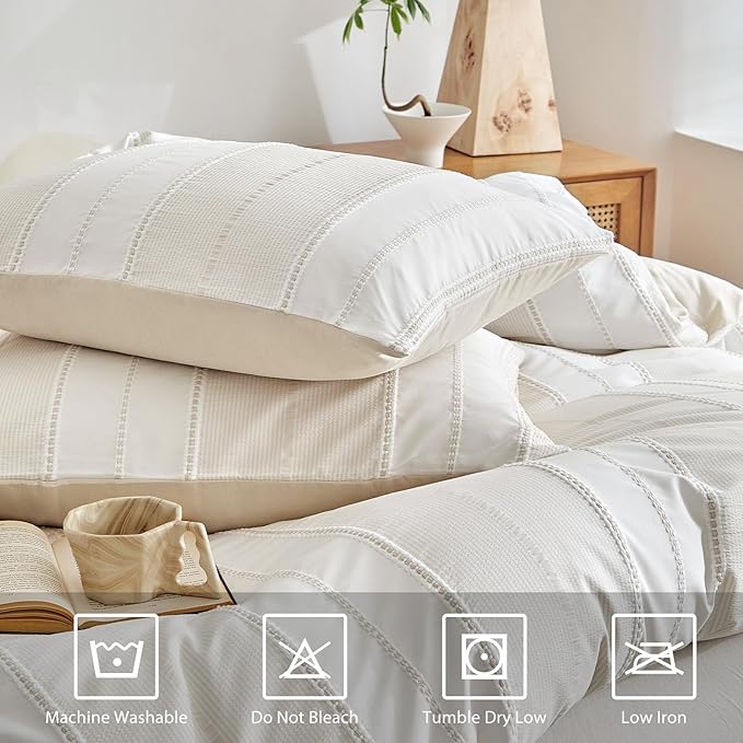 WARMDERN Khaki Striped Weave Duvet Cover Queen Size, Microfiber Textured - Image 7