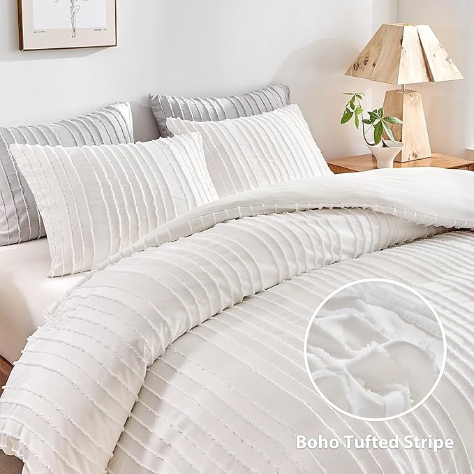 WARMDERN White Boho Duvet Cover Set Queen Size, Striped Textured Tufted Bedding - Image 2