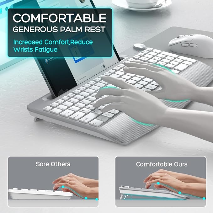 Wireless Keyboard and Mouse - Full-Sized Ergonomic Keyboard with Wrist Rest, Phone Holder, Volume Knob,2.4GHz Silent Cordless Keyboard Mouse Combo for Computer, Laptop, PC, Mac, Windows -White-DeskoryOffice
