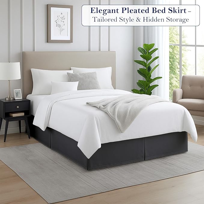 Queen Bed Skirt, Luxury 18 Inch Drop Dark Grey Pleated Bed Skirt, Double Brushed Microfiber, Box Pleat Design, Wrinkle & Fade Resistant, Easy Fit Tailored Bedskirt for Queen Size Beds